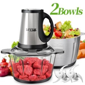 SPZTJK Robot de corte eléctrico multifuncional de, picadora de carne eléctrica multifunción, trituradora, dos cuencos(acero inoxidable y vidrio)y cuchillas,para picar y triturar, ideal para verduras, ajo, ensalada, alimentos para bebés