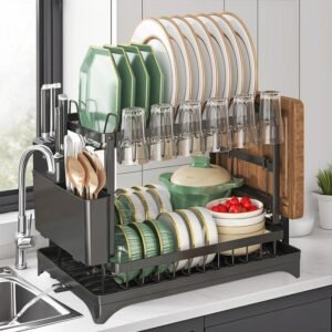 2 Layers Dish Drying Rack Countertop Household Dish Storage Holder Kitchen Organizers And Storage With Drainboard
